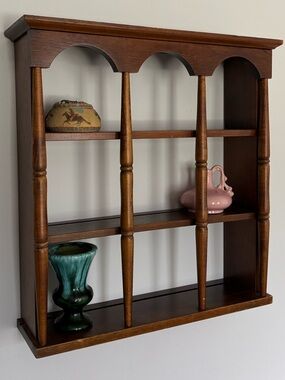 Vintage Three Shelf Wooden Wall Shelf w Decorative Spindles and Plate Groove